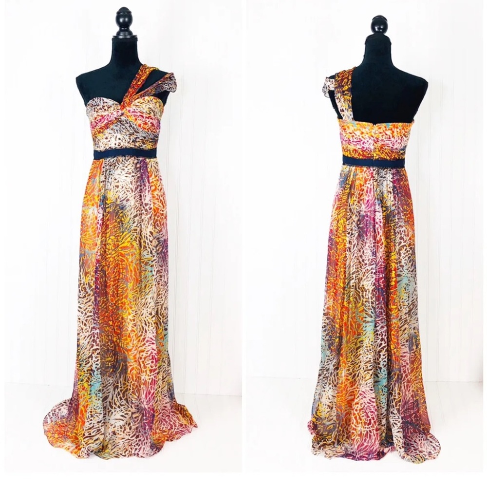 BCBGMaxAzria “Inga” One Shoulder Maxi Multicolor Dress